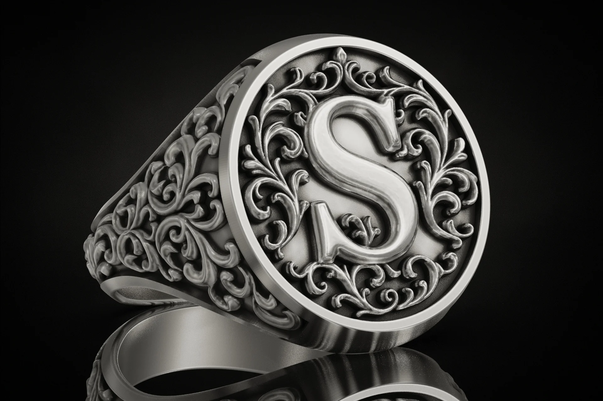 Vintage Style 'S' Initial Signet Ring Ornate Band