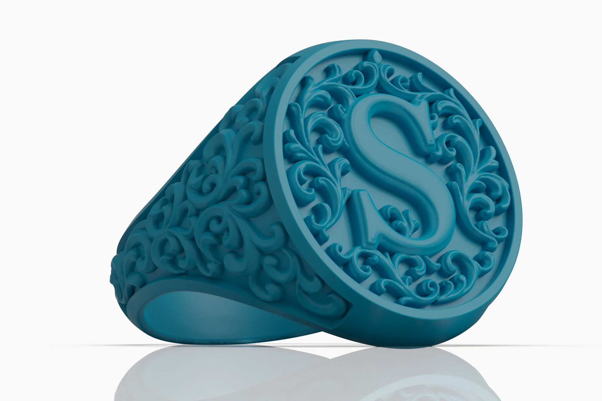 Vintage Style 'S' Initial Signet Ring Ornate Band — view 7