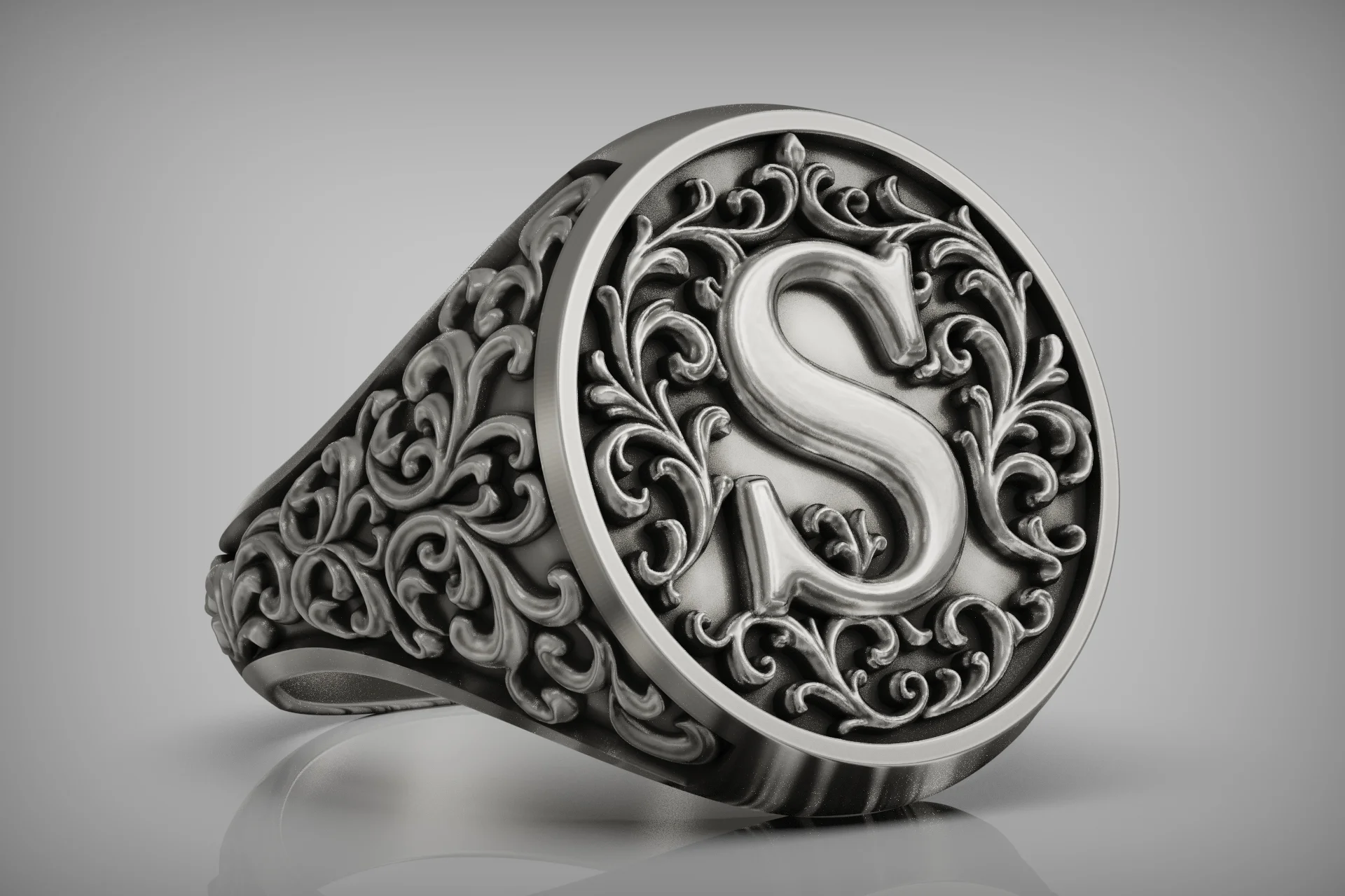 Vintage Style 'S' Initial Signet Ring Ornate Band — view 5
