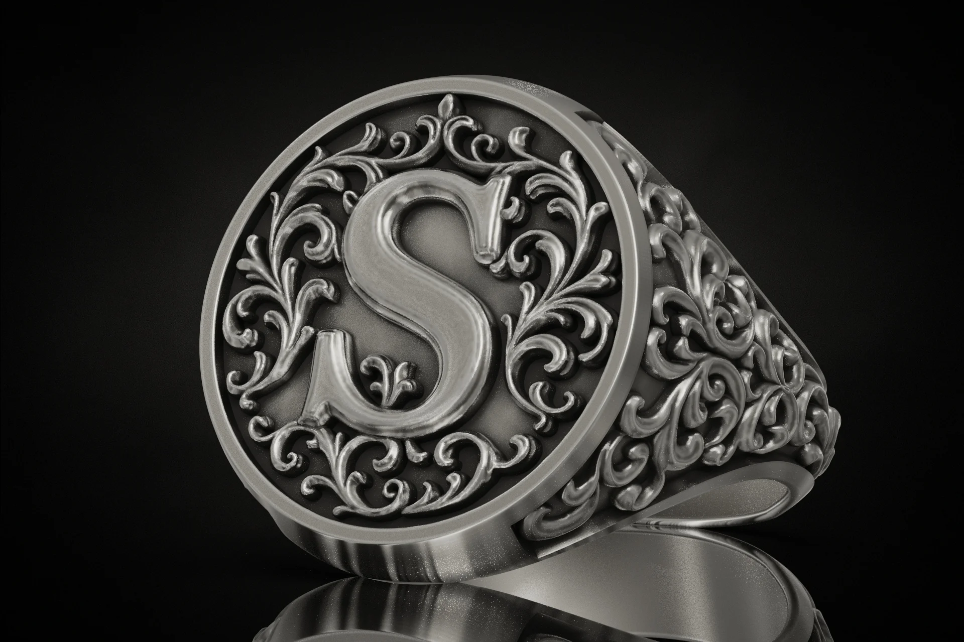 Vintage Style 'S' Initial Signet Ring Ornate Band — view 2