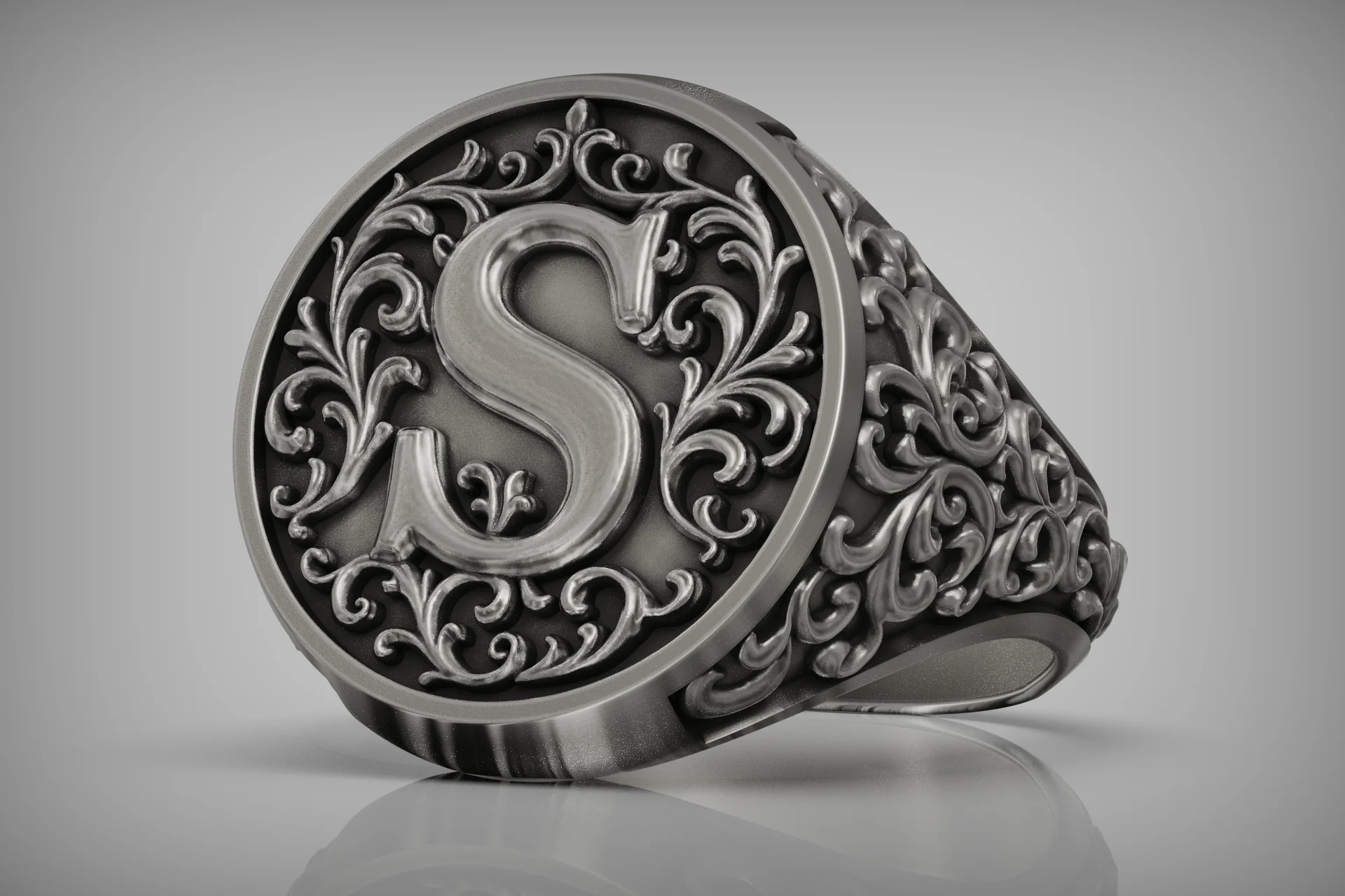 Vintage Style 'S' Initial Signet Ring Ornate Band — view 6