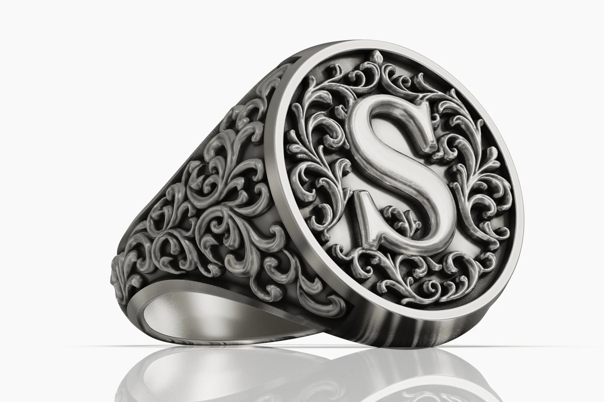 Vintage Style 'S' Initial Signet Ring Ornate Band — view 4