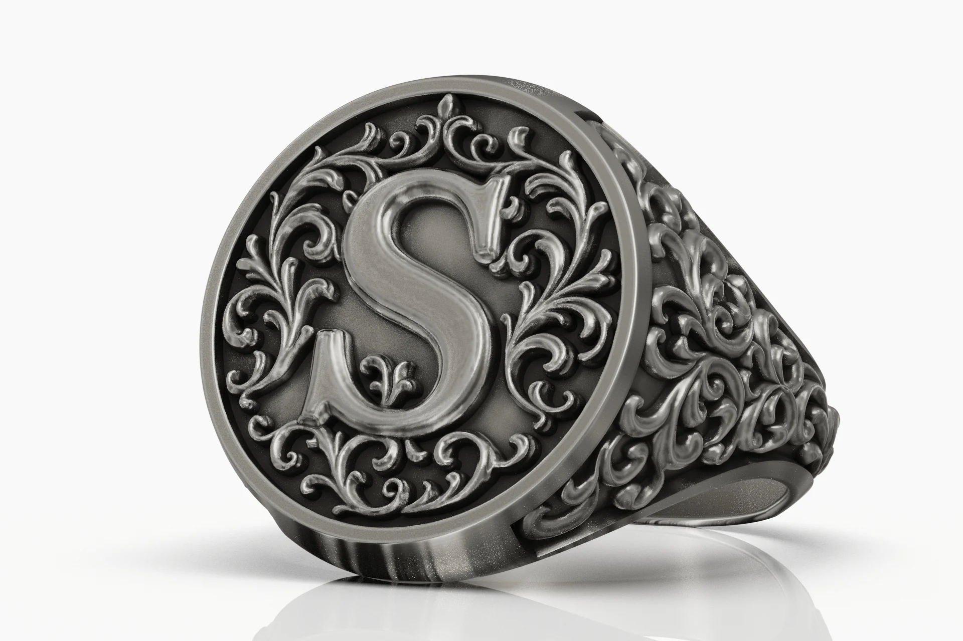 Vintage Style 'S' Initial Signet Ring Ornate Band — view 3
