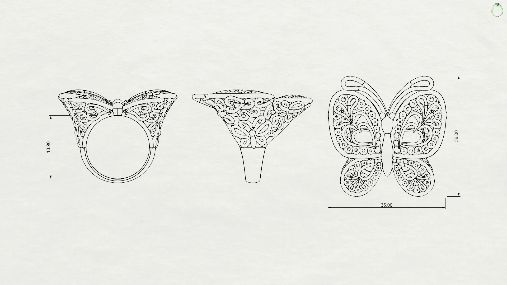 Butterfly Filigree Statement Ring 3D Model — view 7