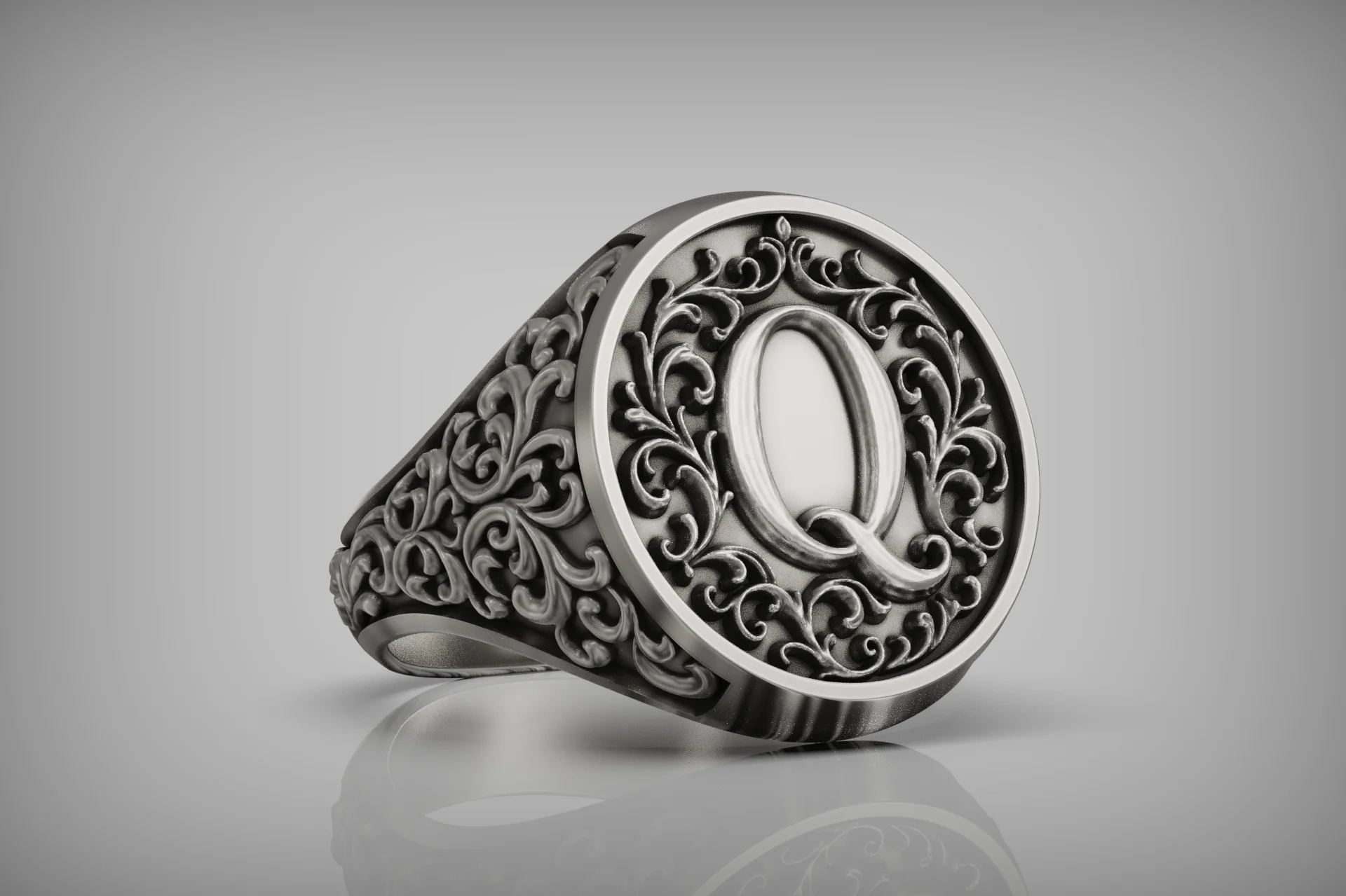 Ornate Scrollwork Letter Q Initial Signet Ring — view 4