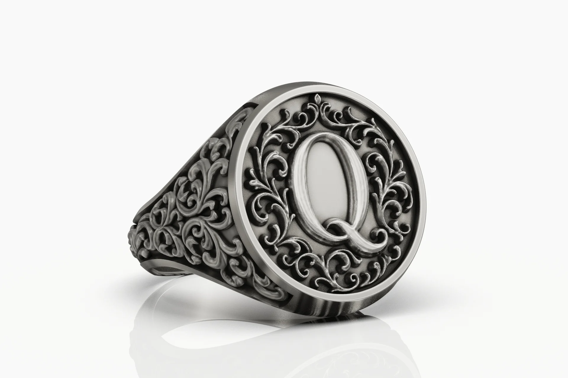 Ornate Scrollwork Letter Q Initial Signet Ring — view 6