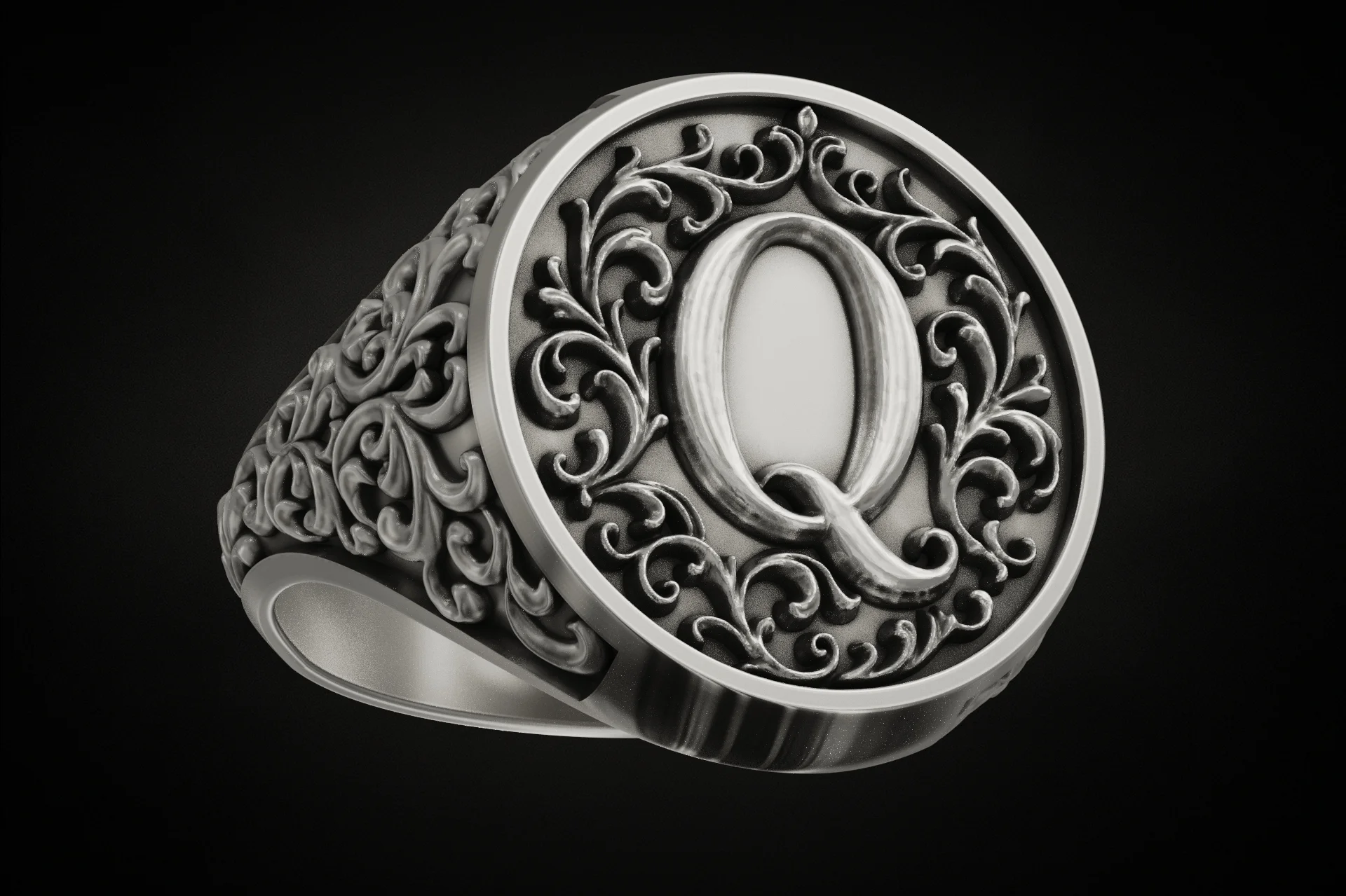 Ornate Scrollwork Letter Q Initial Signet Ring — view 2