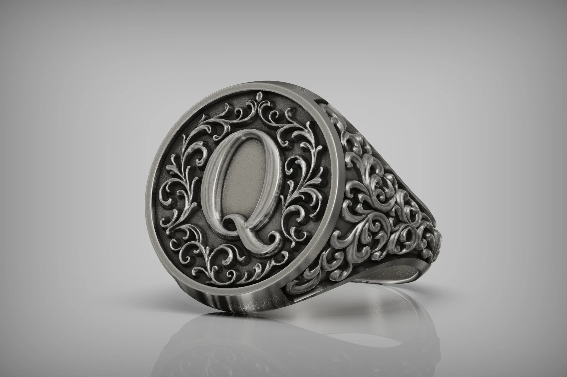Ornate Scrollwork Letter Q Initial Signet Ring — view 3
