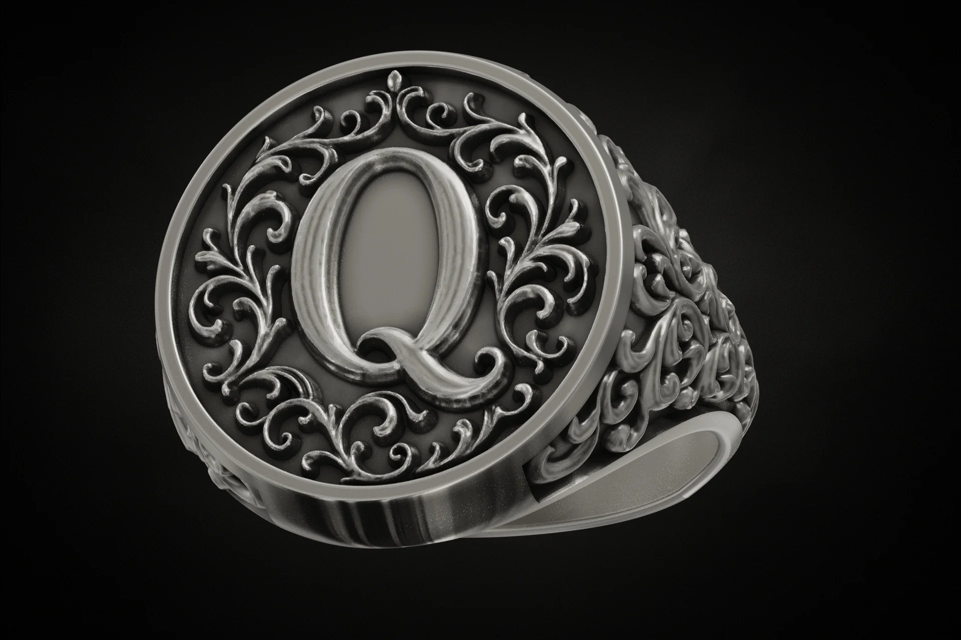Ornate Scrollwork Letter Q Initial Signet Ring