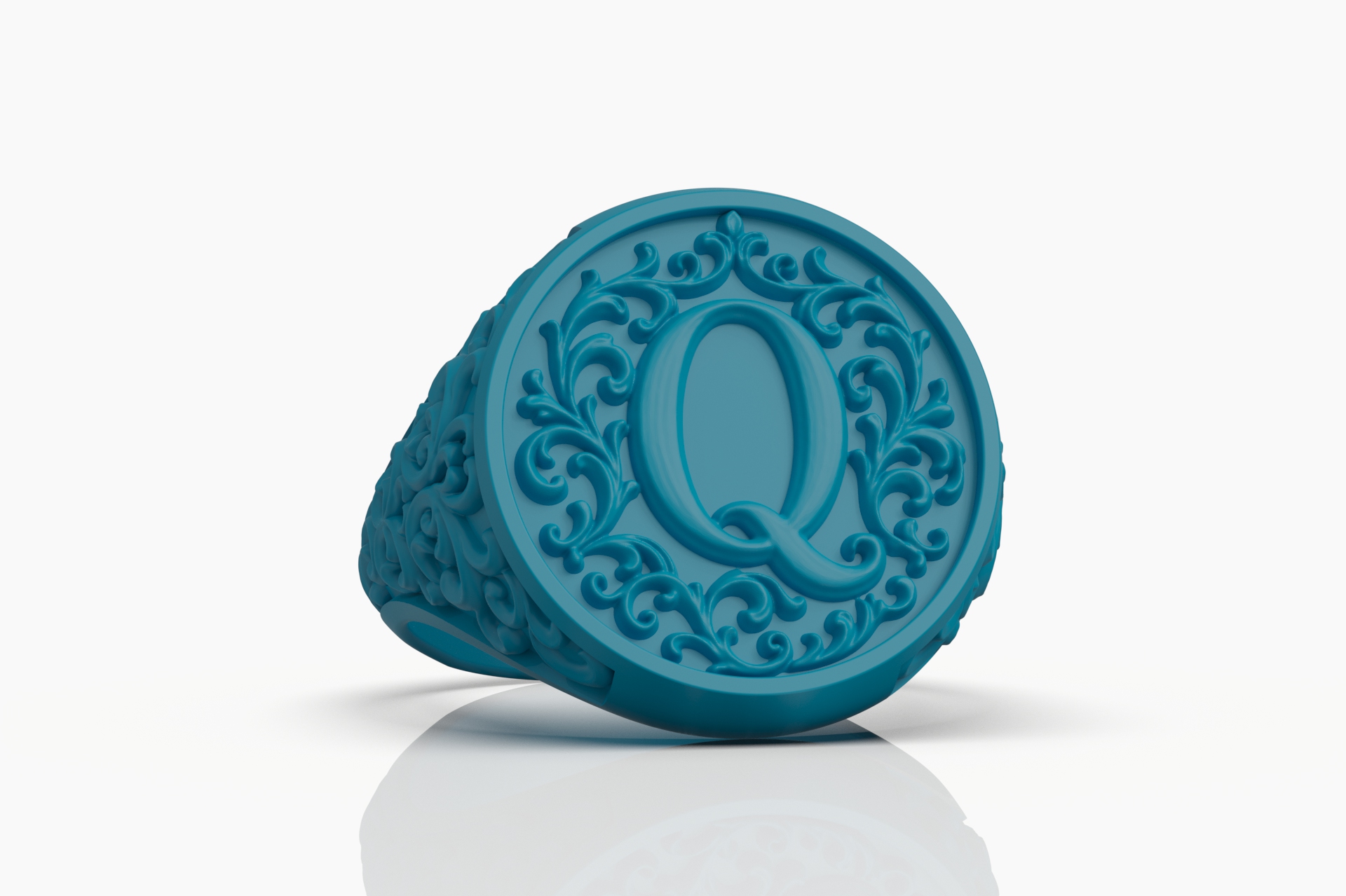 Ornate Scrollwork Letter Q Initial Signet Ring — view 8