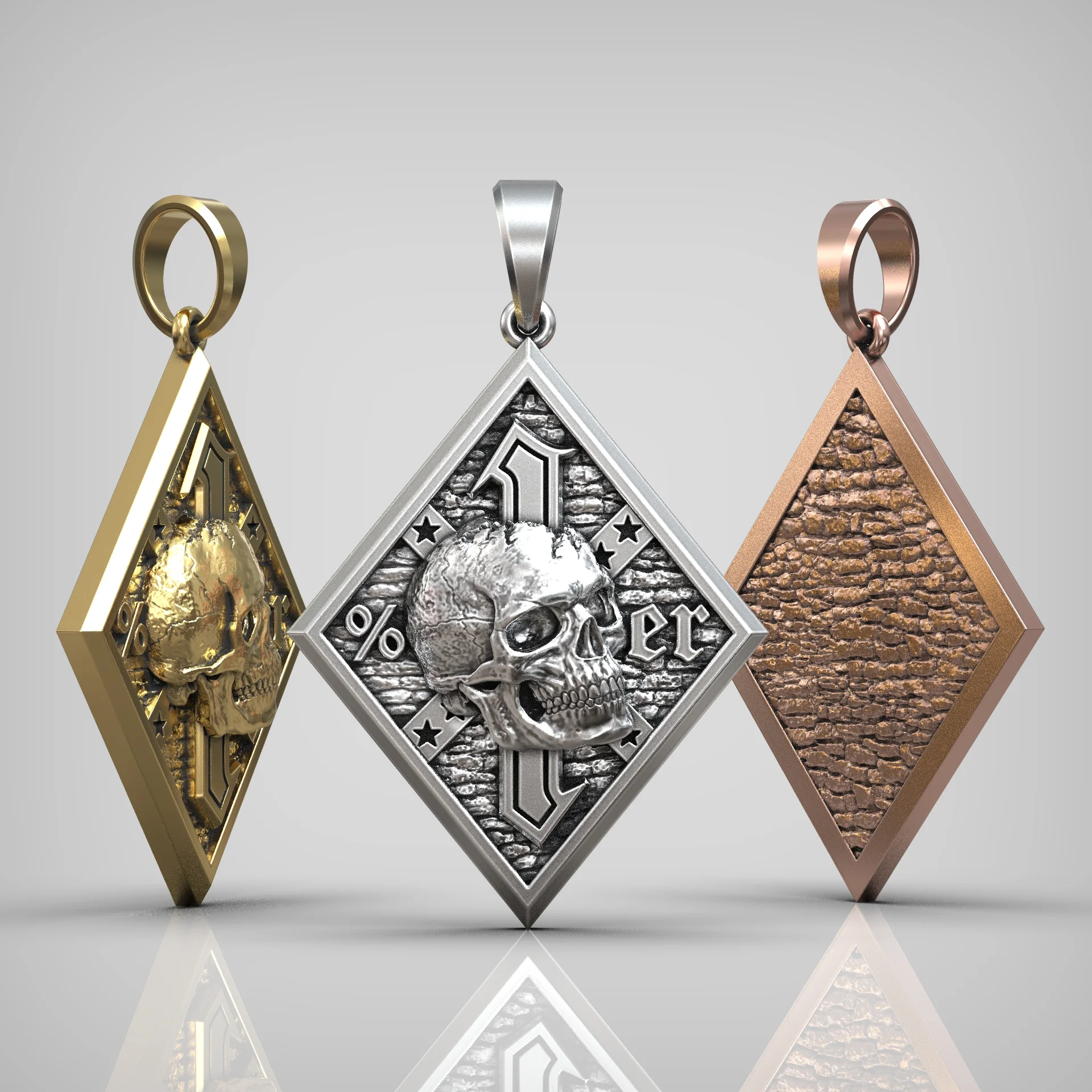 Biker One Percenter Skull Diamond Pendant 3D Print Model