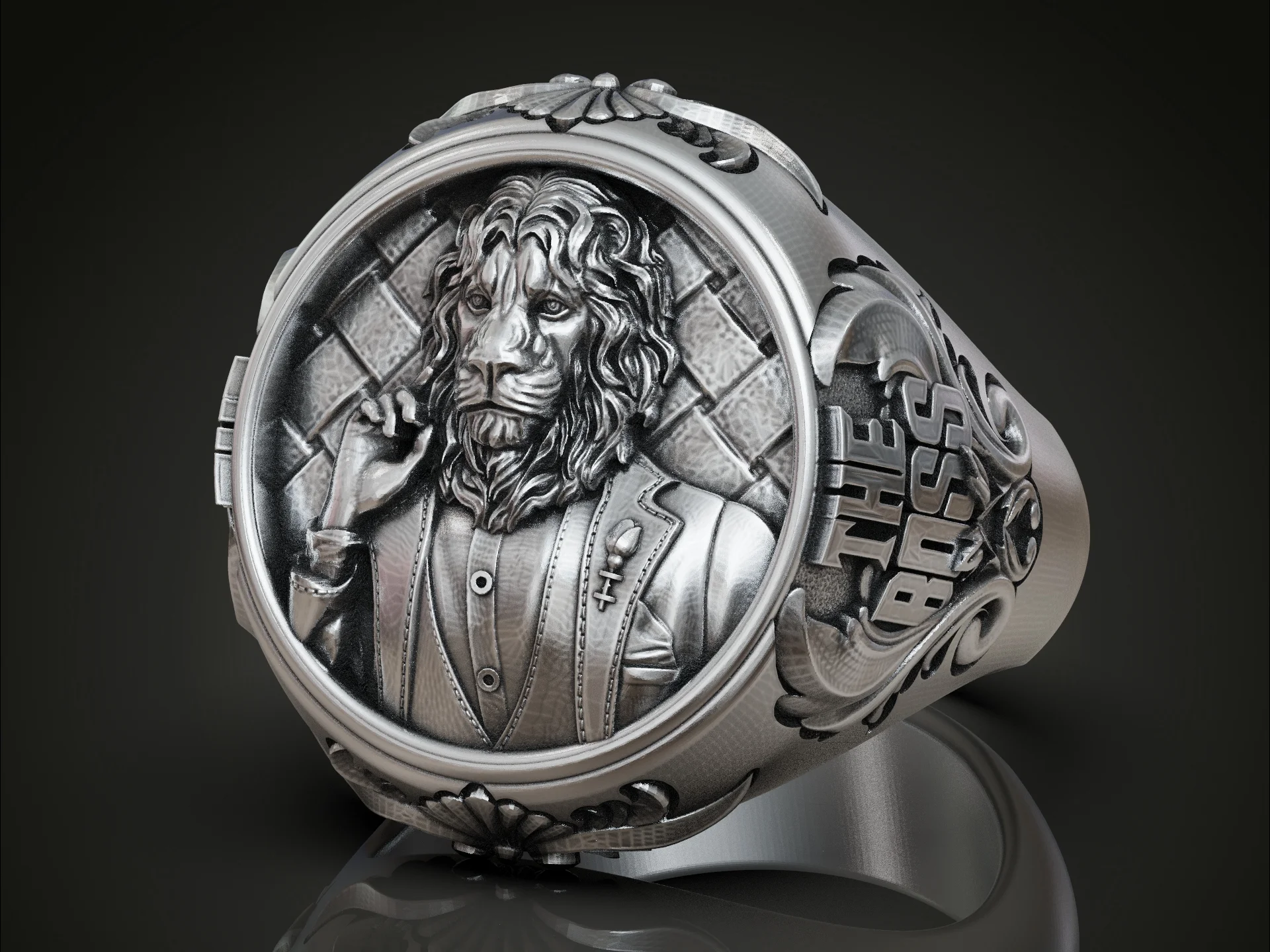 Lion Boss High Relief Acanthus Signet Ring — view 3