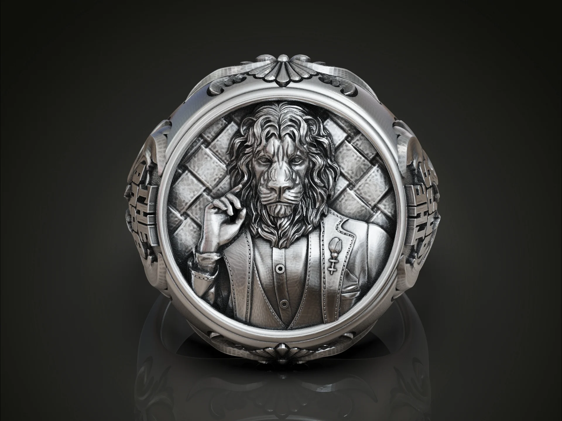 Lion Boss High Relief Acanthus Signet Ring — view 2