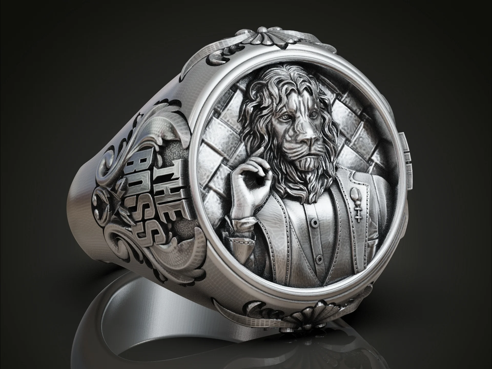 Lion Boss High Relief Acanthus Signet Ring