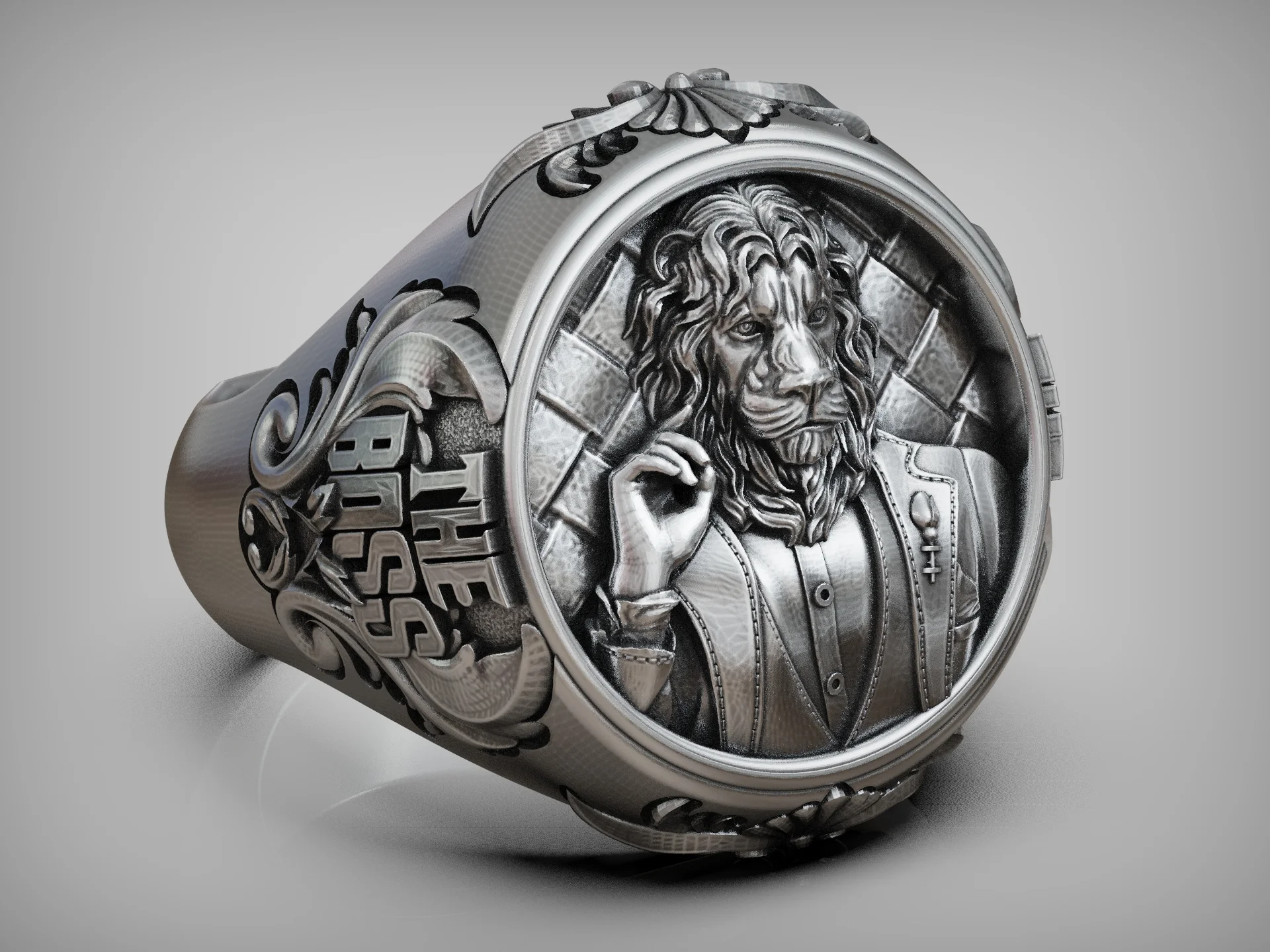 Lion Boss High Relief Acanthus Signet Ring — view 7