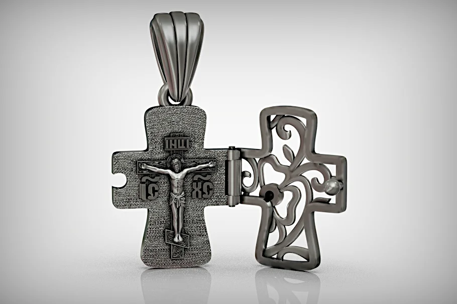 Hinged Cross Locket Pendant with Relief Carving — view 2