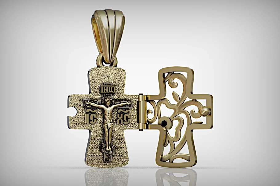Hinged Cross Locket Pendant with Relief Carving