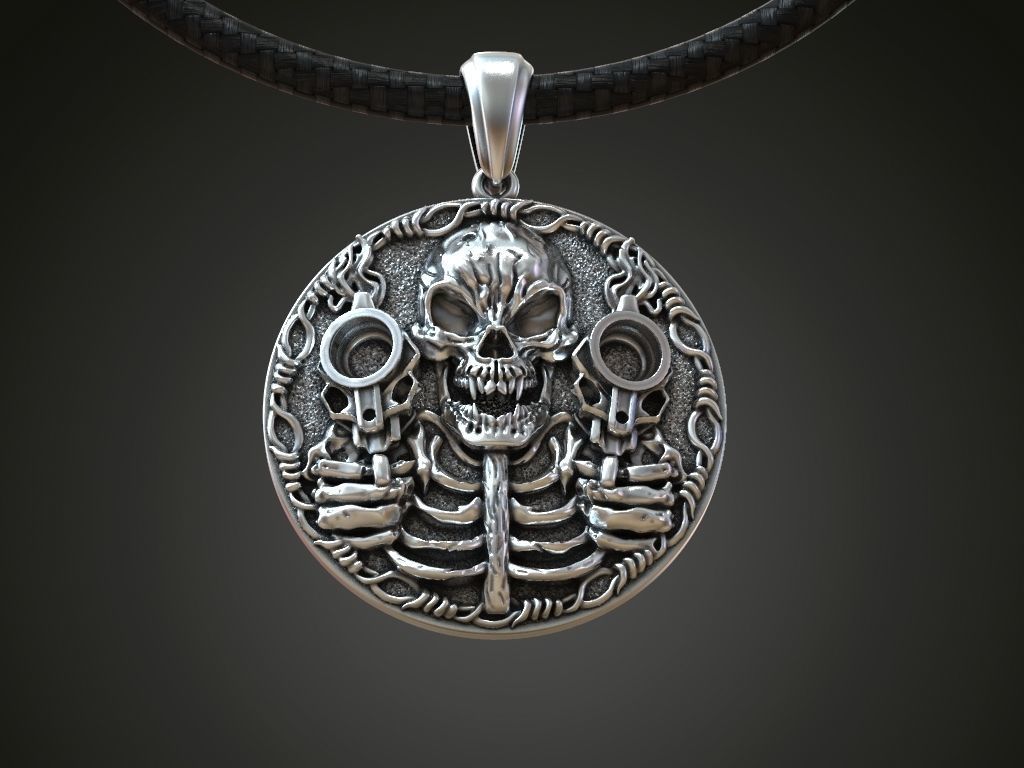 Circular Gunslinger Skull Medallion Pendant — view 2