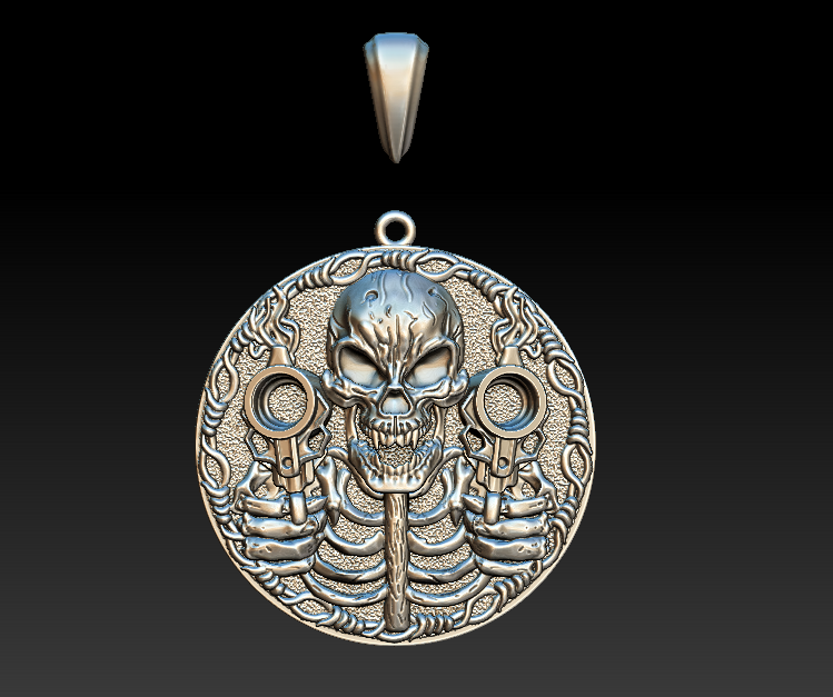 Circular Gunslinger Skull Medallion Pendant — view 3