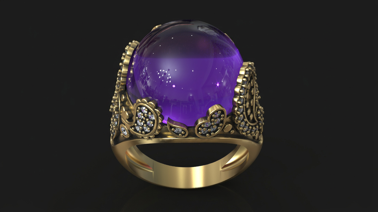 Amethyst Cabochon with Paisley Ornament Gemstone Ring — view 3