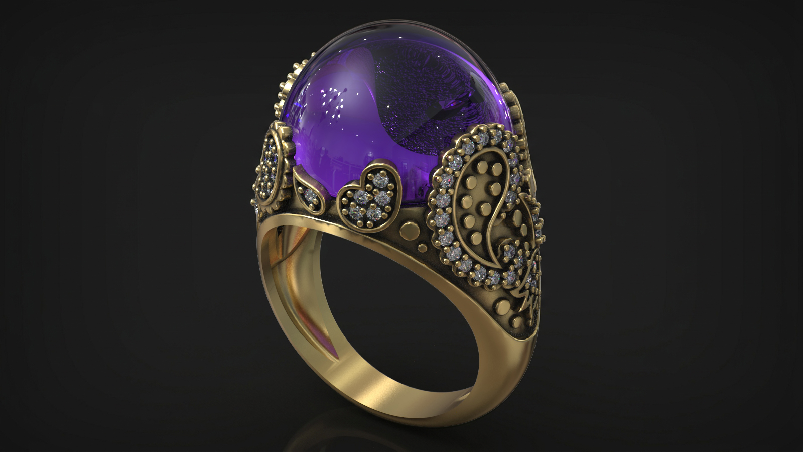 Amethyst Cabochon with Paisley Ornament Gemstone Ring — view 2