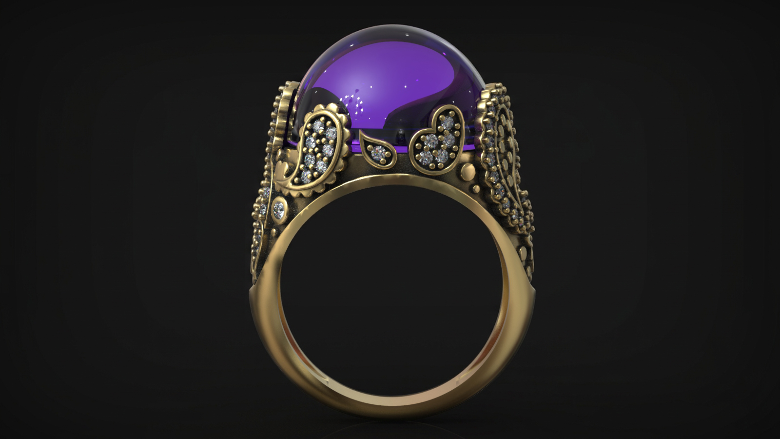 Amethyst Cabochon with Paisley Ornament Gemstone Ring — view 4