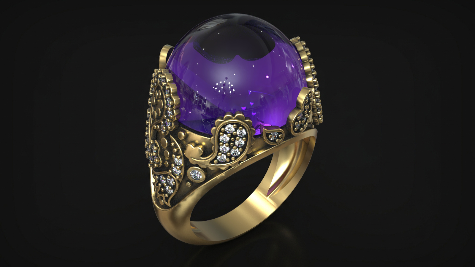 Amethyst Cabochon with Paisley Ornament Gemstone Ring — view 1