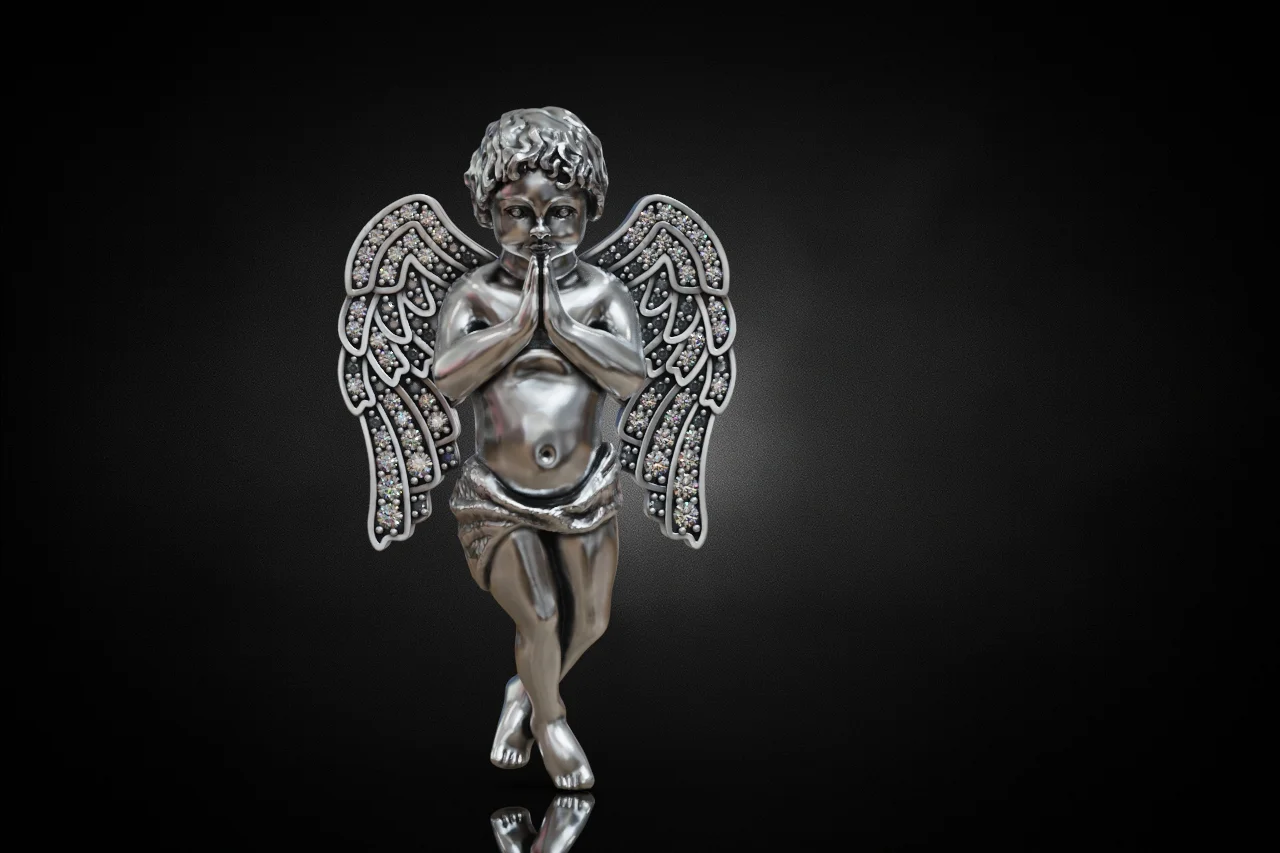 Iced Praying Angel Winged Pendant — view 2