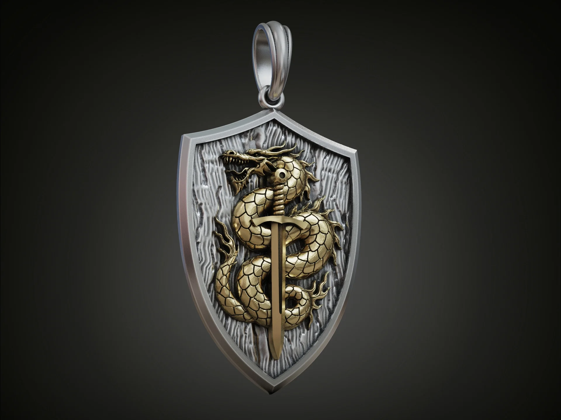 Fantasy Dragon and Sword Shield Pendant