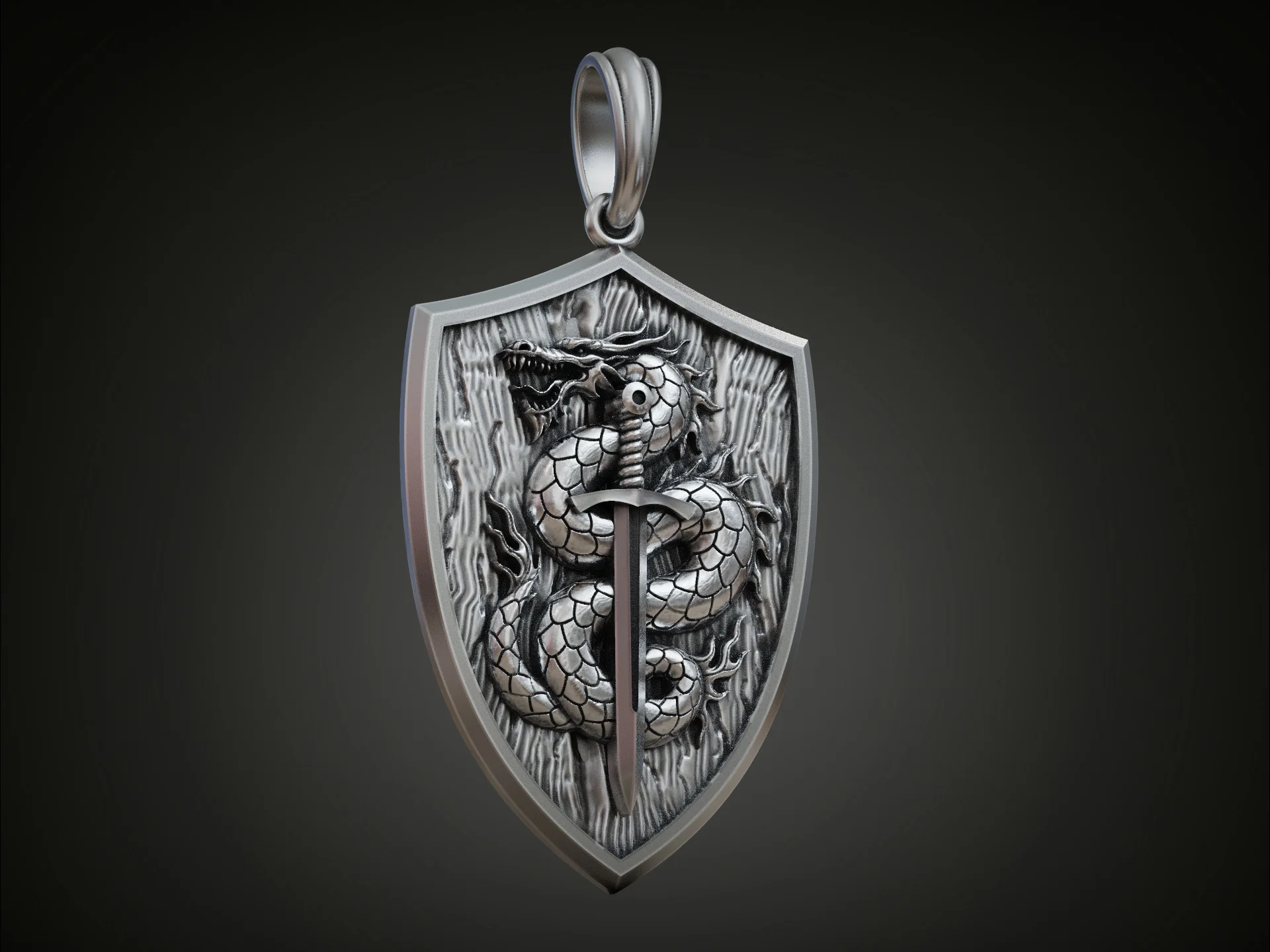 Fantasy Dragon and Sword Shield Pendant — view 2