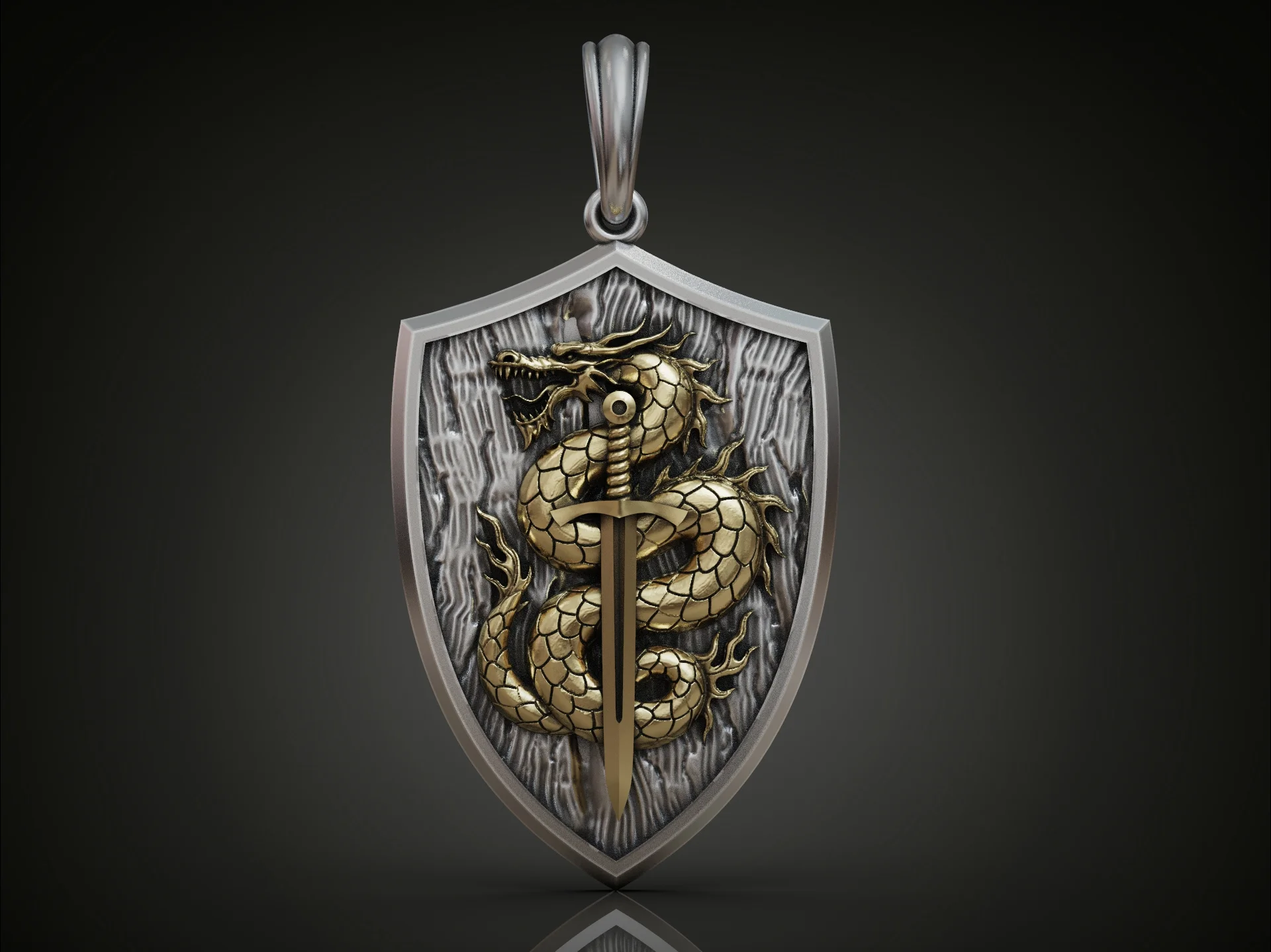 Fantasy Dragon and Sword Shield Pendant — view 4