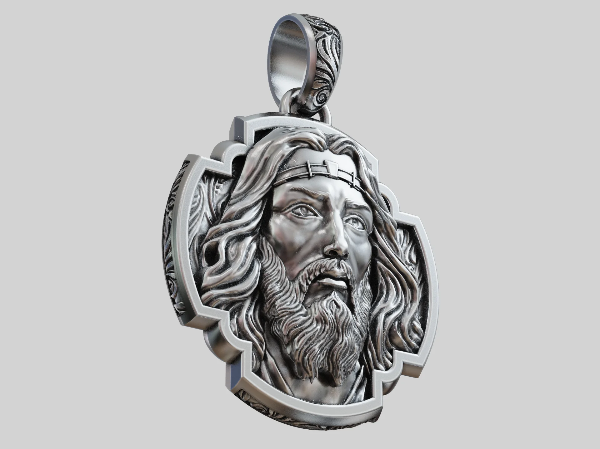 High Relief Jesus Face Pendant with Scroll Bail — view 8