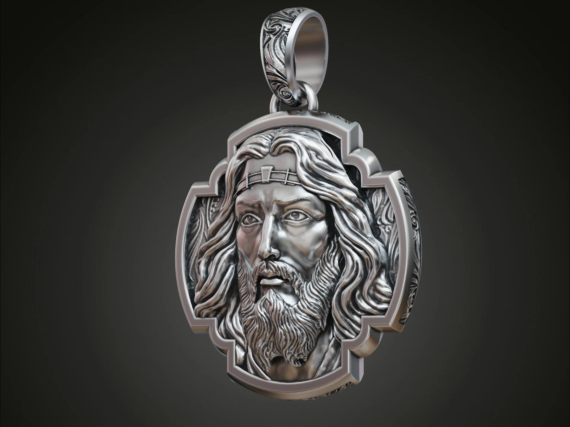 High Relief Jesus Face Pendant with Scroll Bail — view 2