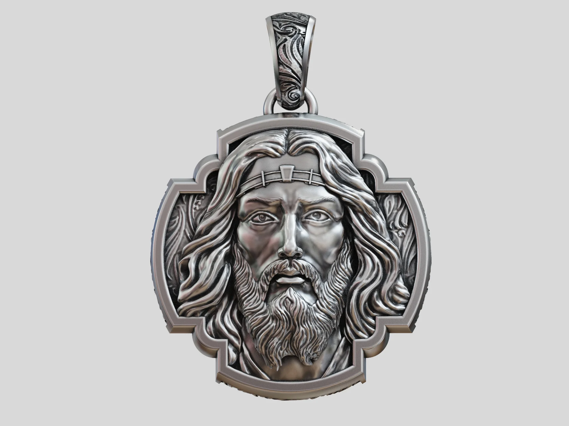 High Relief Jesus Face Pendant with Scroll Bail — view 7