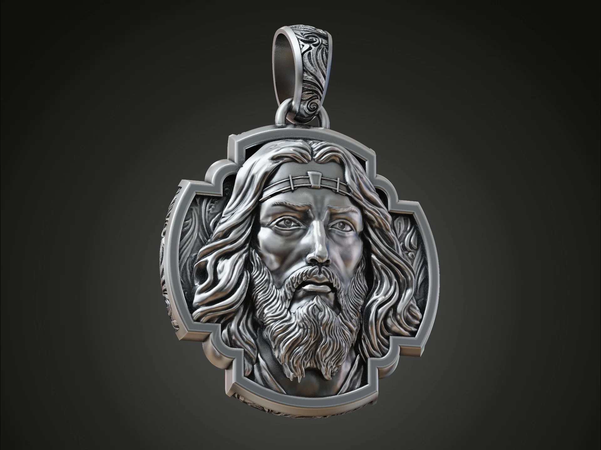 High Relief Jesus Face Pendant with Scroll Bail — view 3