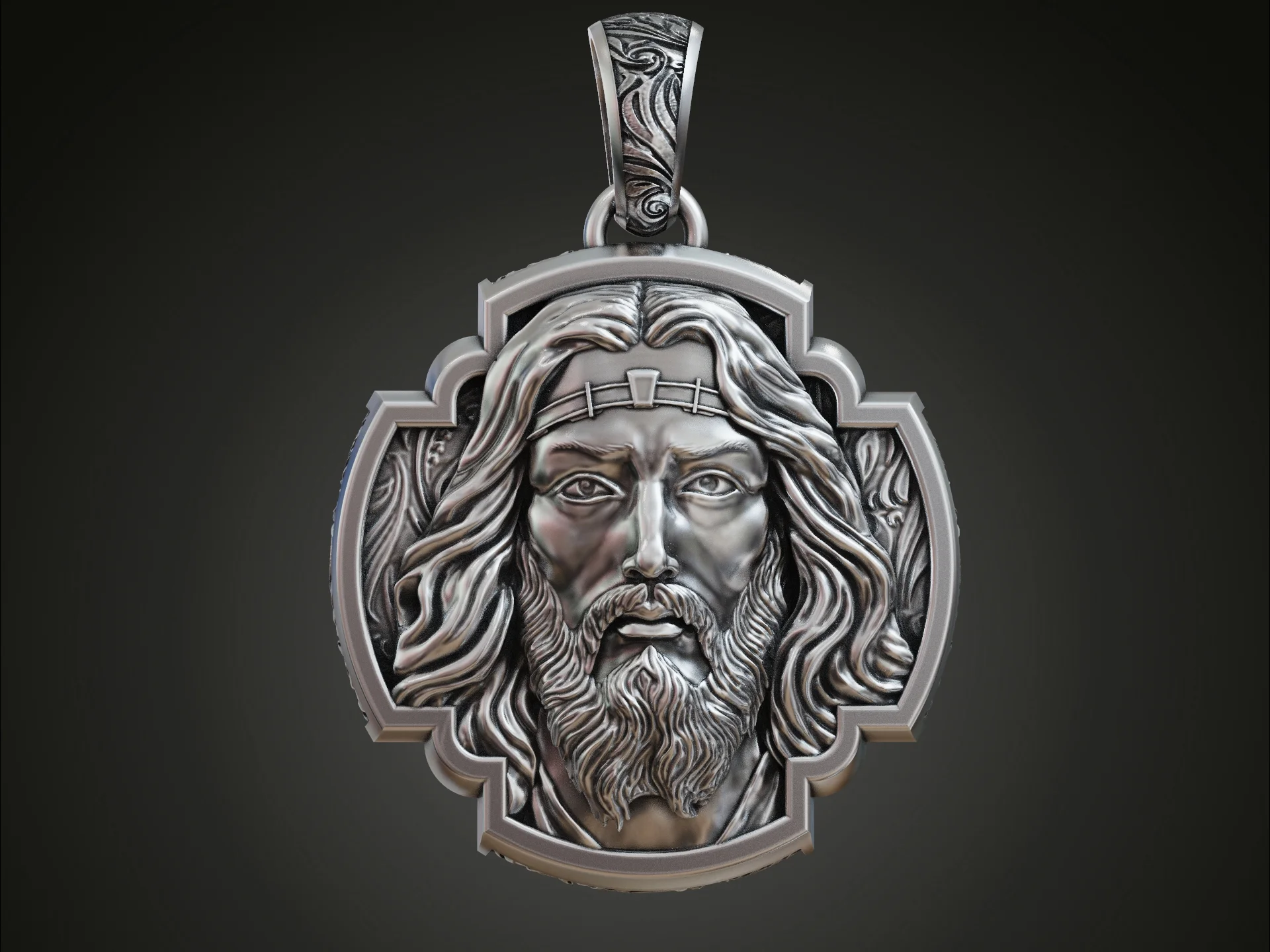 High Relief Jesus Face Pendant with Scroll Bail