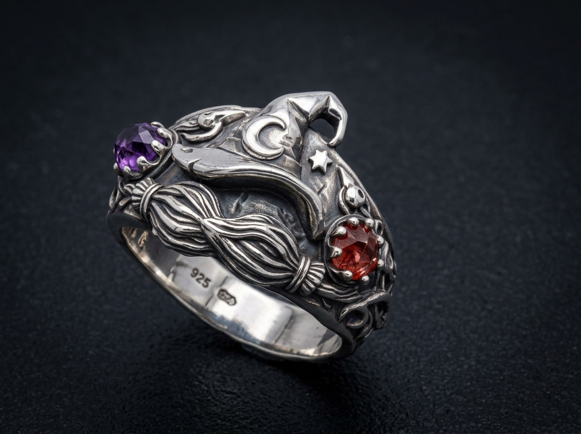 Witch Hat and Broomstick Ring with Gemstones