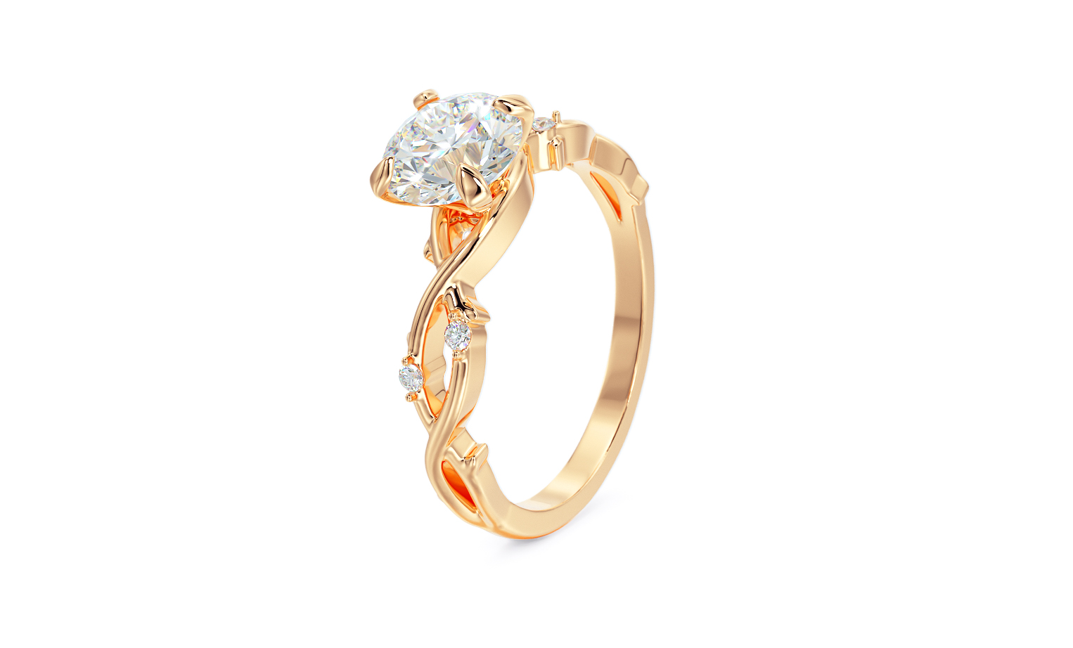 gold leaf engagement ring with 1Ct round diamond — view 4