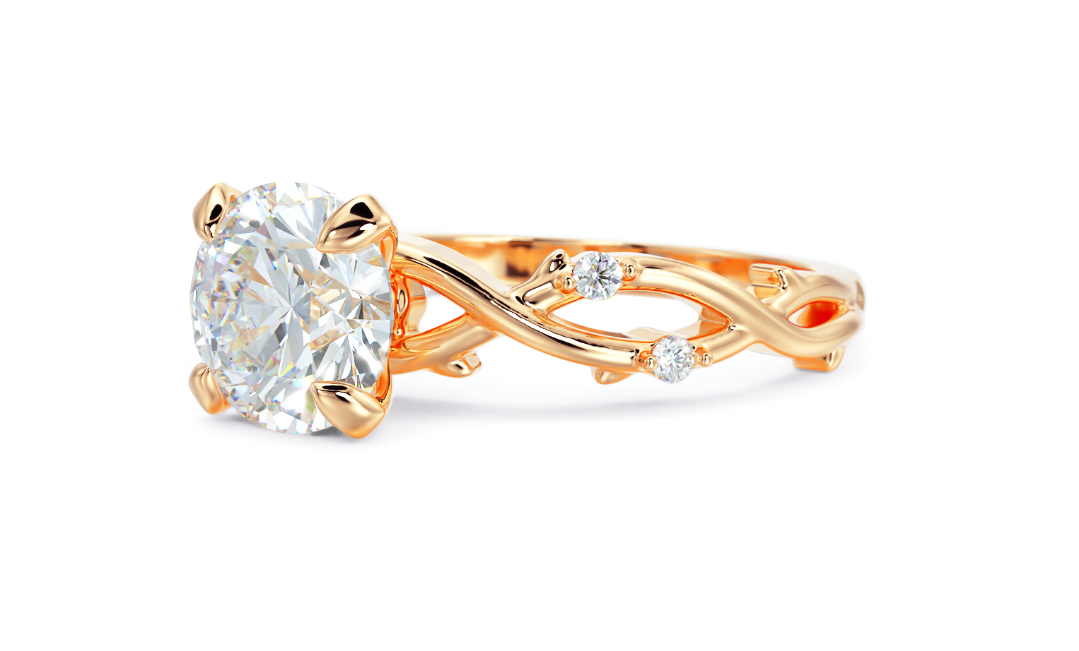 gold leaf engagement ring with 1Ct round diamond 3D print model