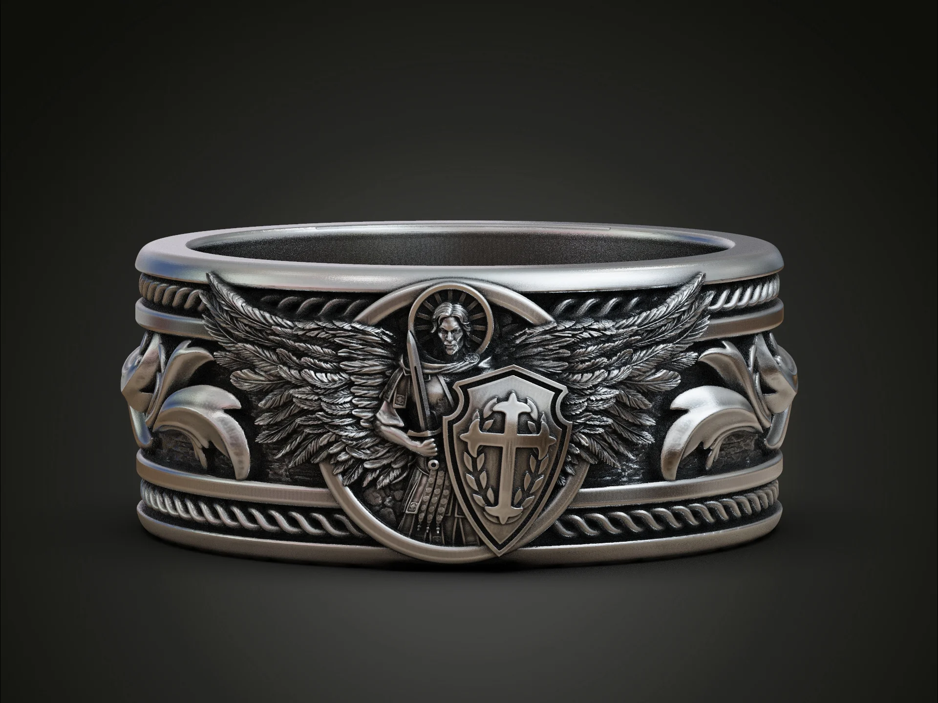 Winged Archangel Guardian Shield Ring — view 3