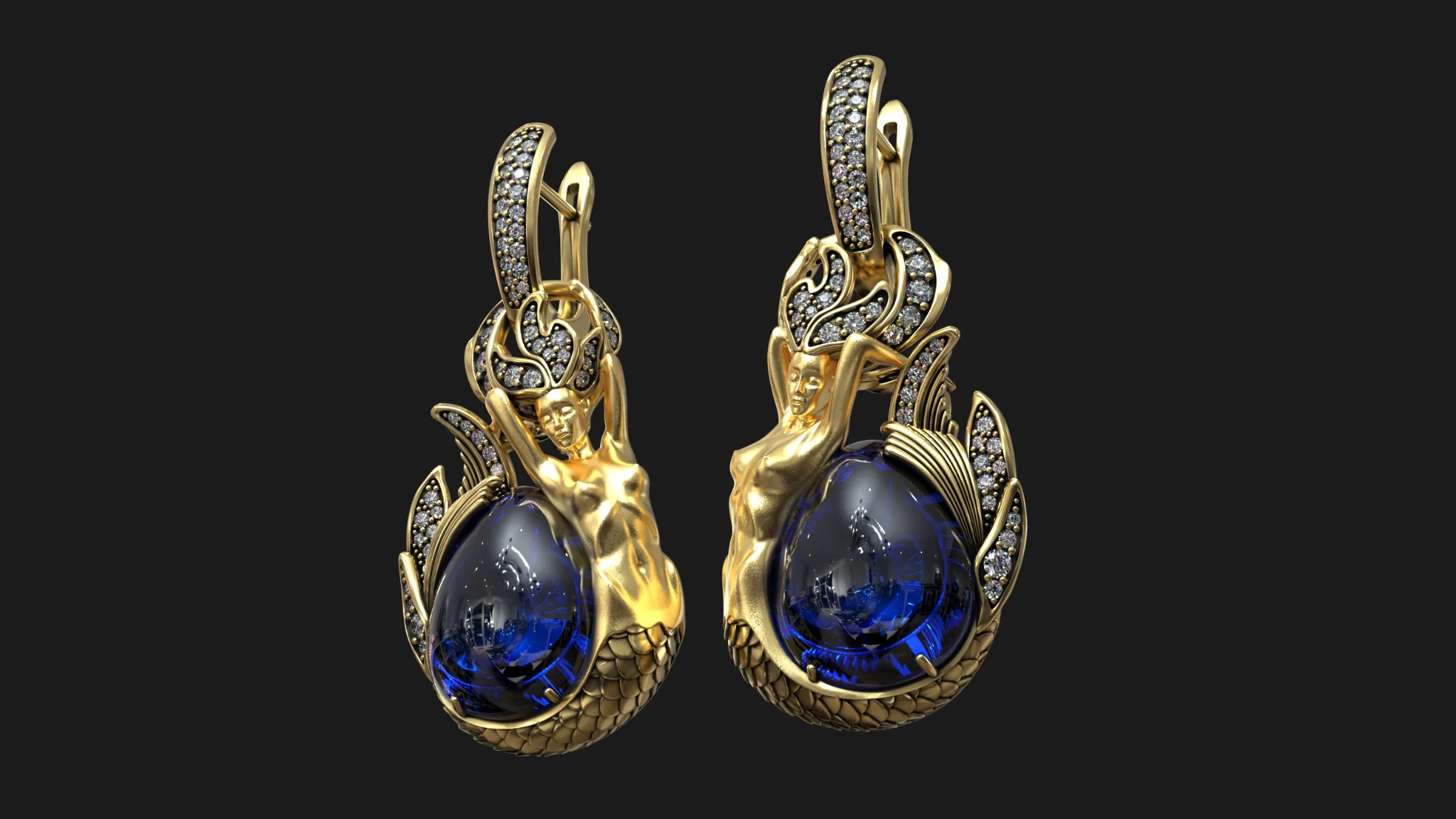 Atlantis Mermaid Fantasy Sea Siren Diamond Earrings — view 2