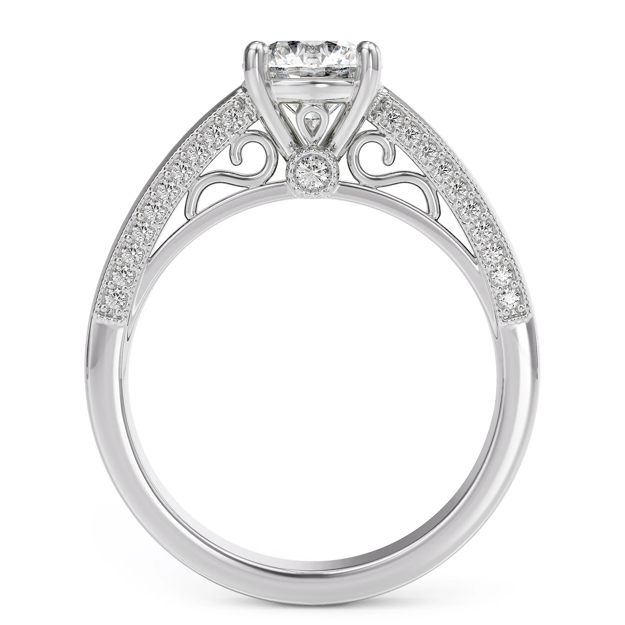 Solitaire engagement ring with diamond pave and floral details — view 8