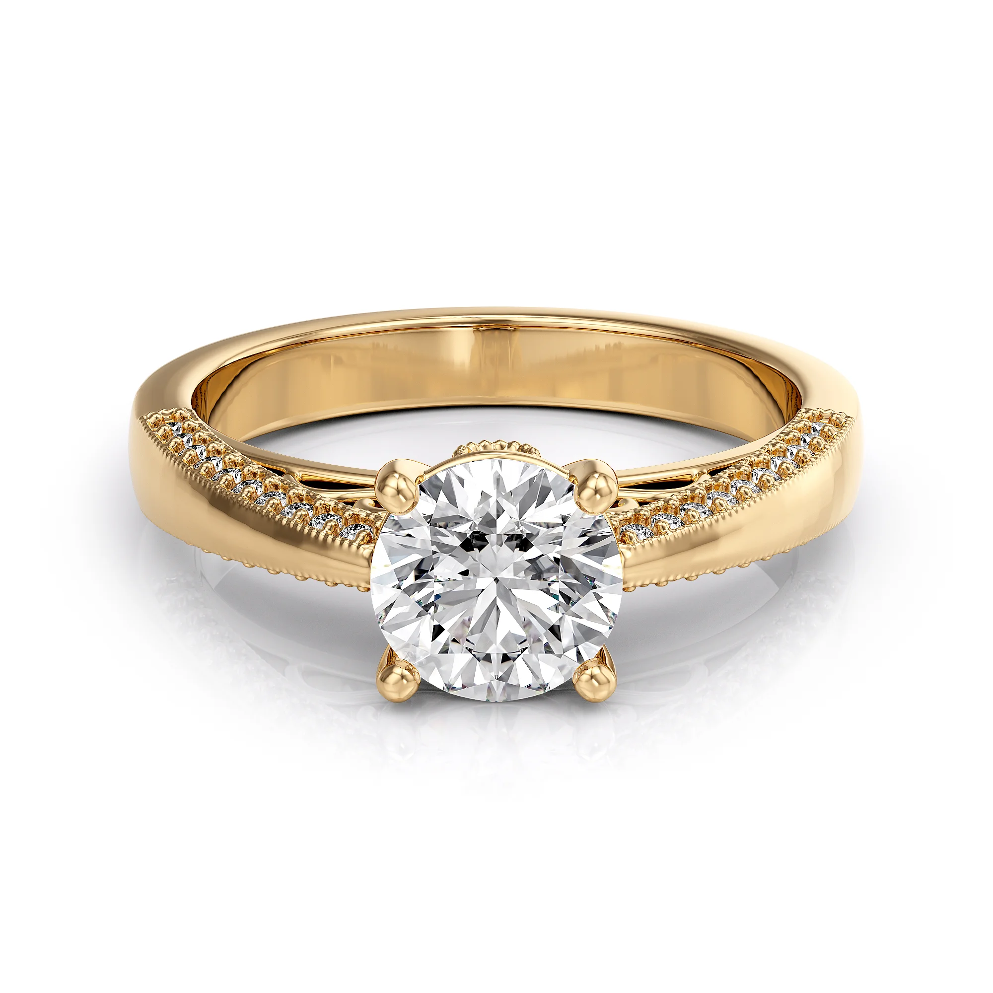 Solitaire engagement ring with diamond pave and floral details — view 6