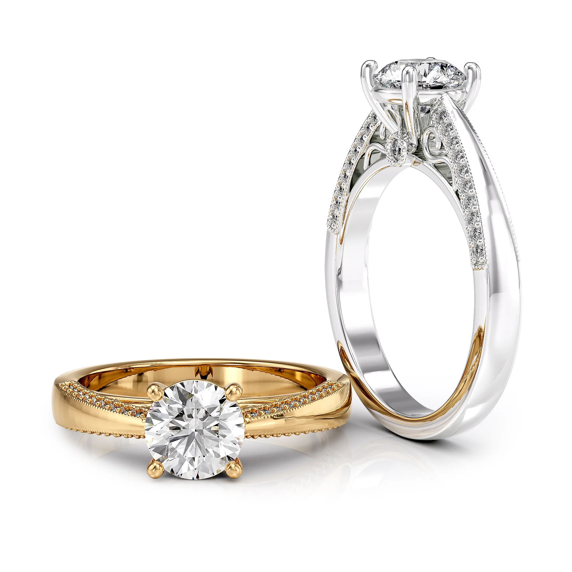 Solitaire engagement ring with diamond pave and floral details 3D print model