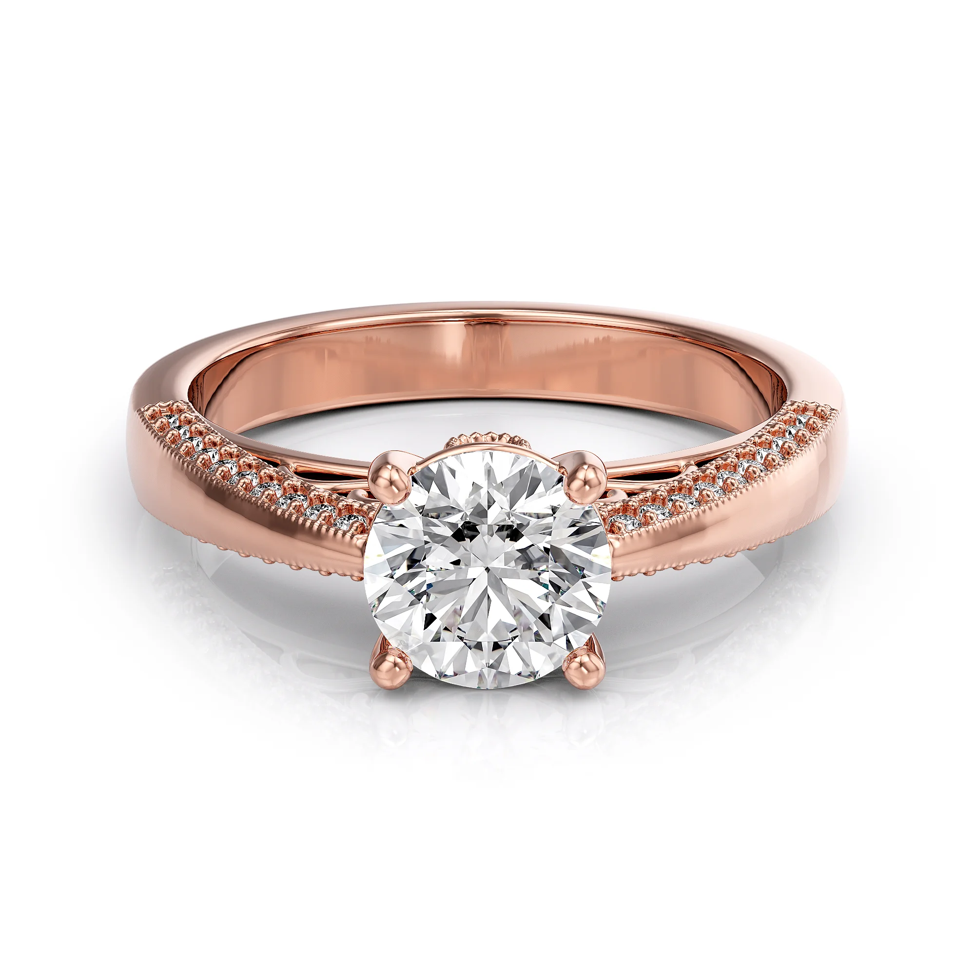 Solitaire engagement ring with diamond pave and floral details — view 7