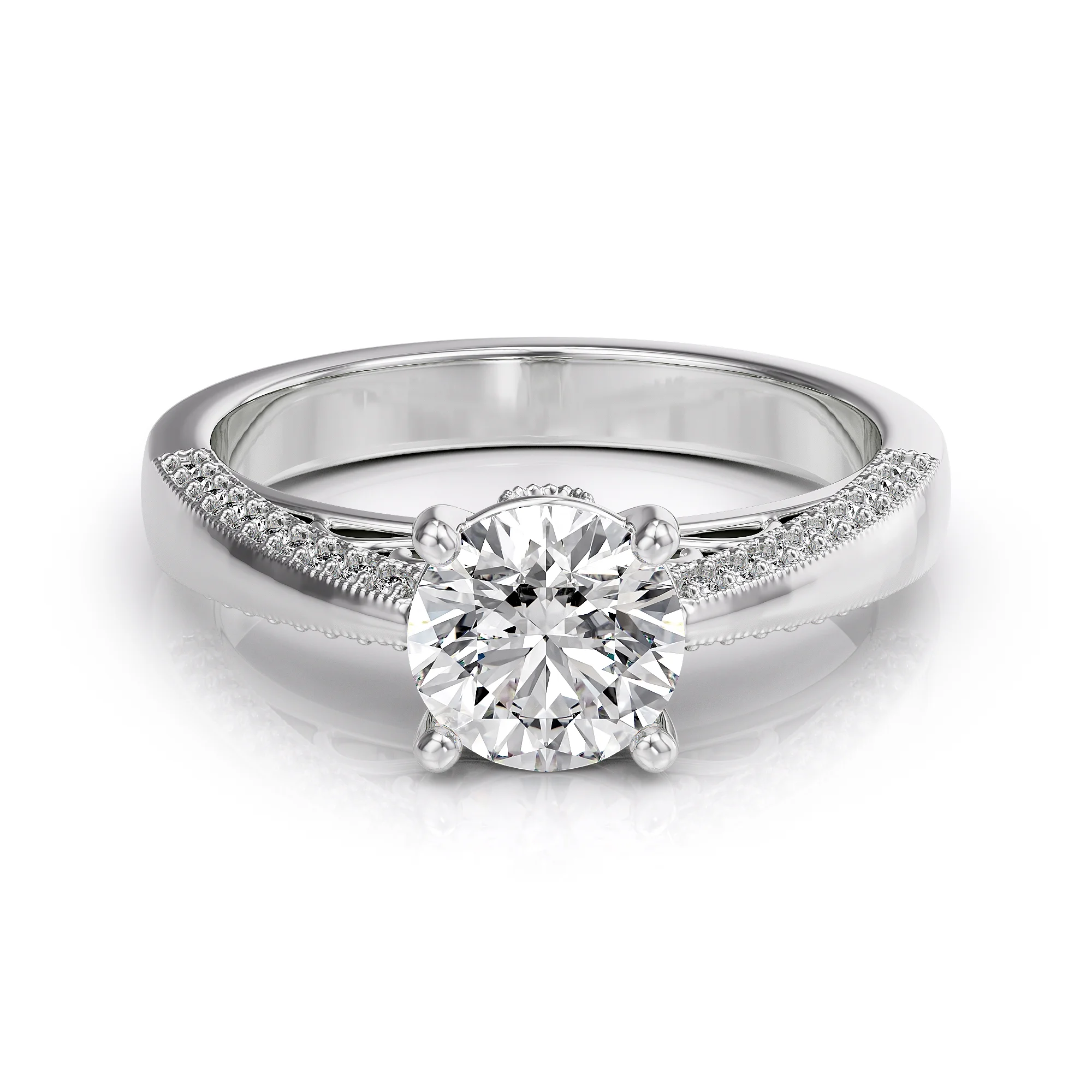 Solitaire engagement ring with diamond pave and floral details — view 5