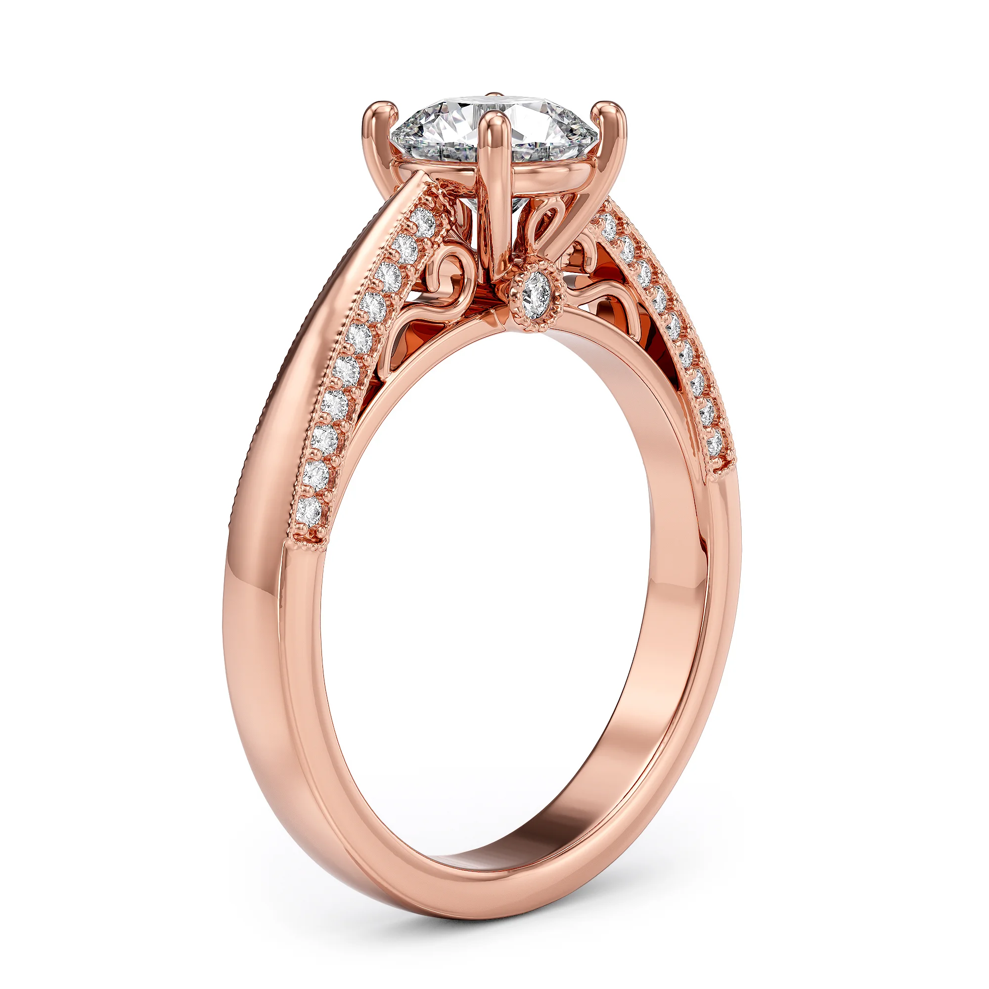 Solitaire engagement ring with diamond pave and floral details — view 4