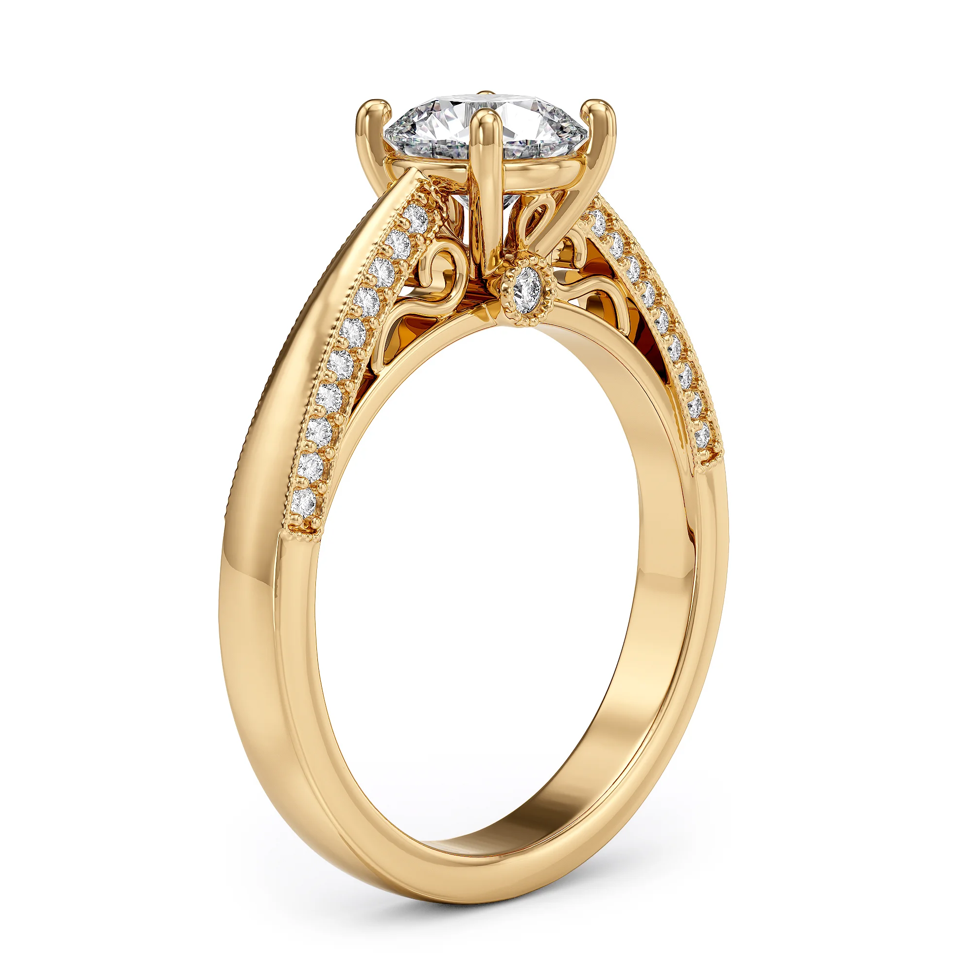 Solitaire engagement ring with diamond pave and floral details — view 3