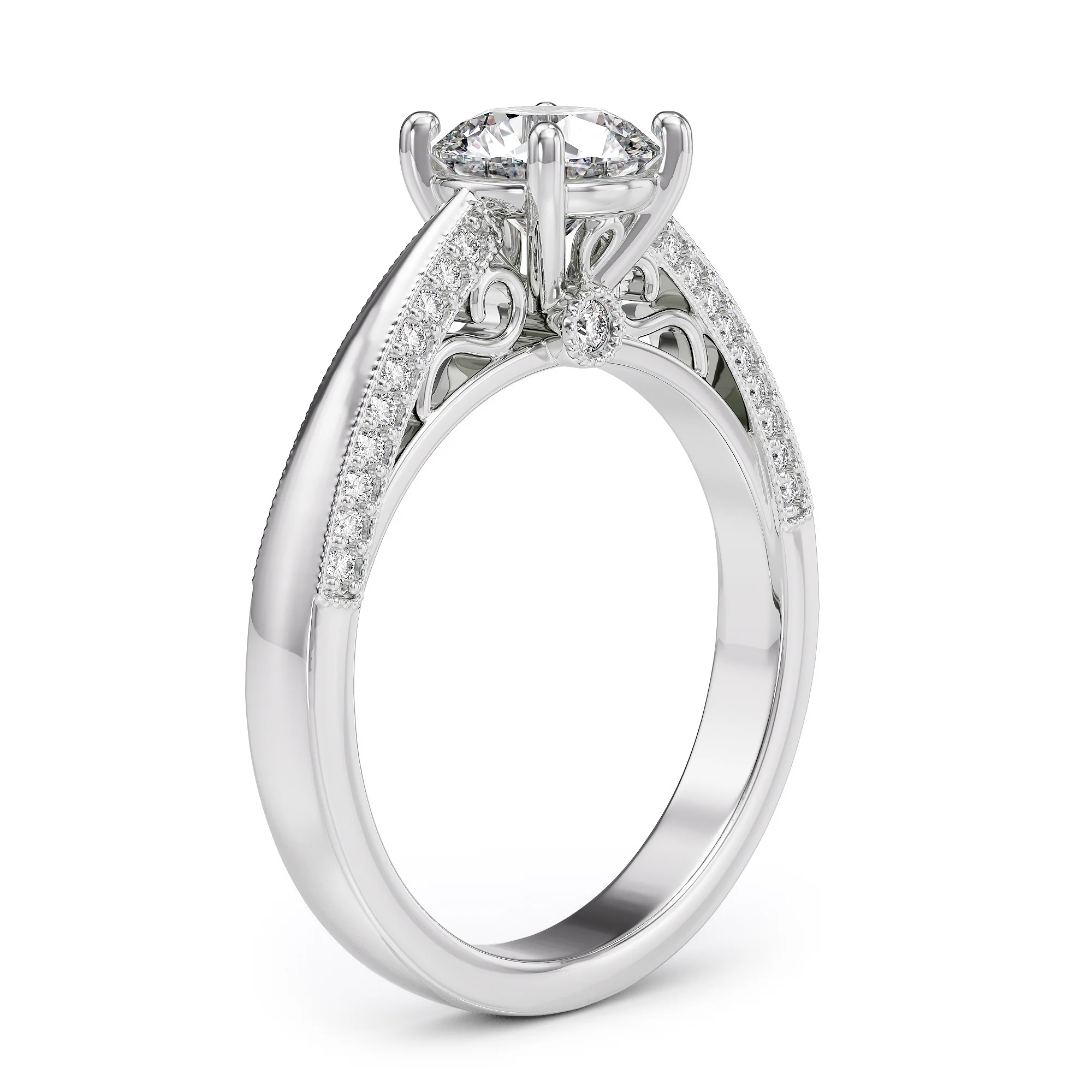 Solitaire engagement ring with diamond pave and floral details — view 2