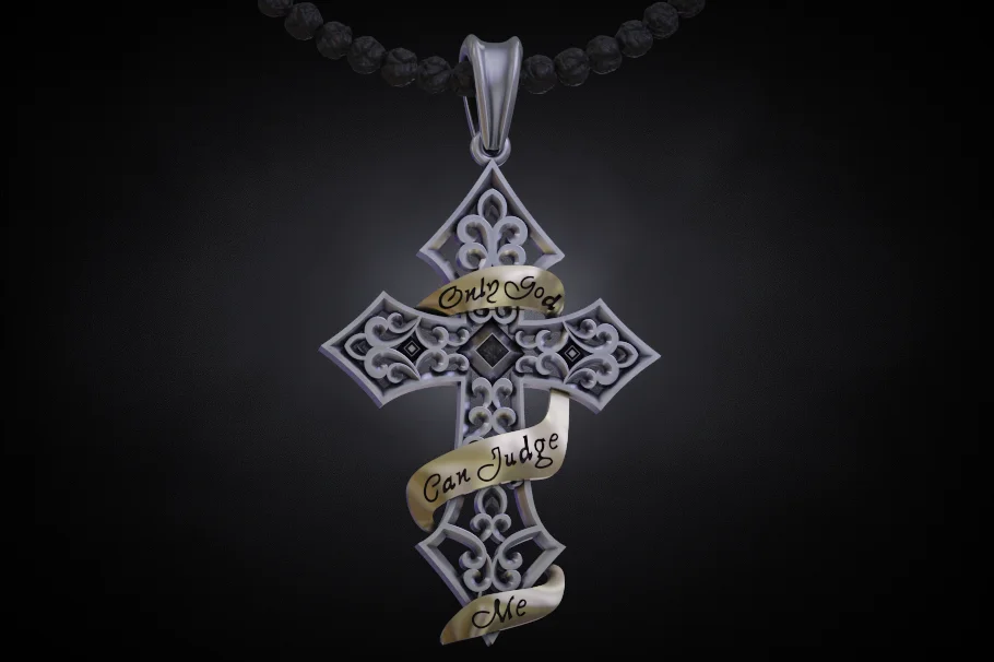 Inscribed Scroll Filigree Cross Pendant